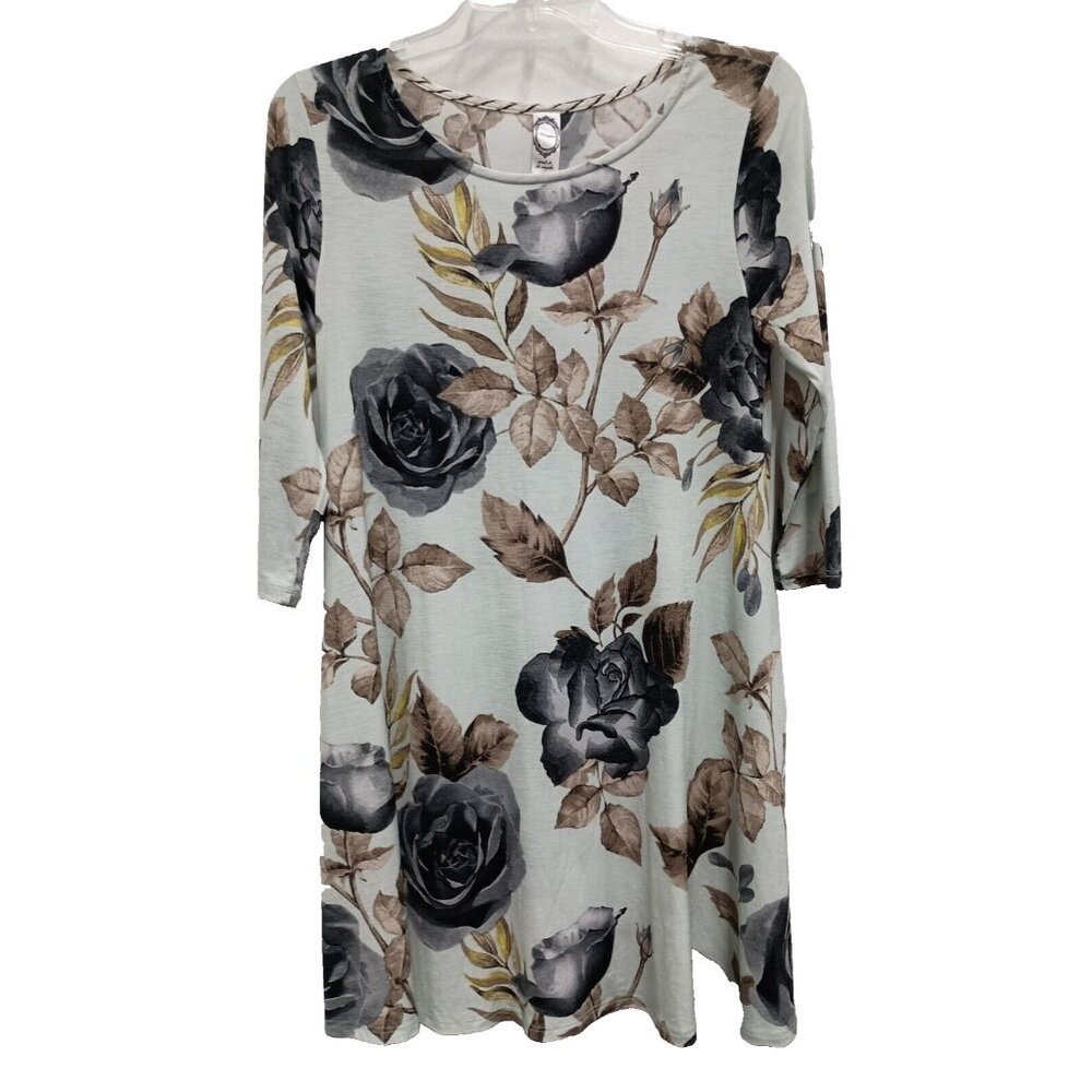 Honeyme Womens BOHO Mini Dress Size Small Light Blue Floral 3/4 Sleeve Stretch - Picture 1 of 6